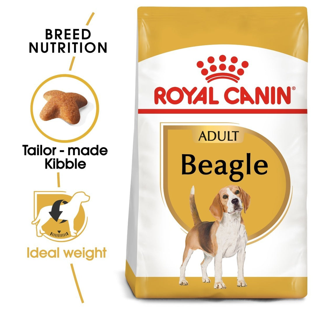 Royal Canin Adult Beagle dog food packaging with brand logo and product features.
