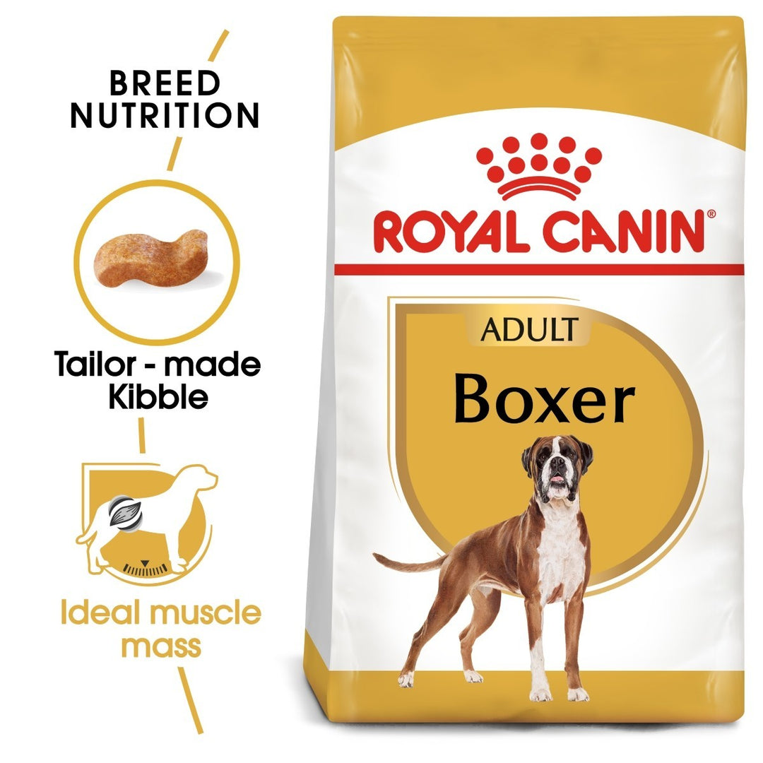 Royal Canin Boxer dog food package with branding and product features.