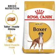 Royal Canin Boxer dog food package with branding and product features.