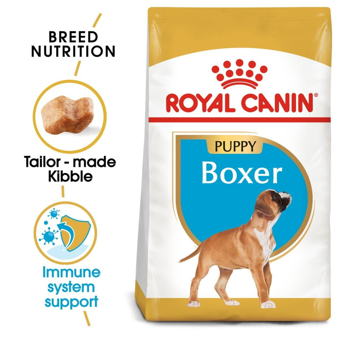 Royal Canin Puppy Boxer dog food package with branding and product features.