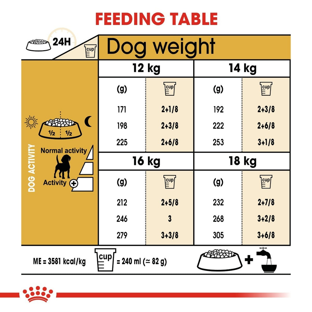 Feeding chart for dogs with weight and activity level guidelines.