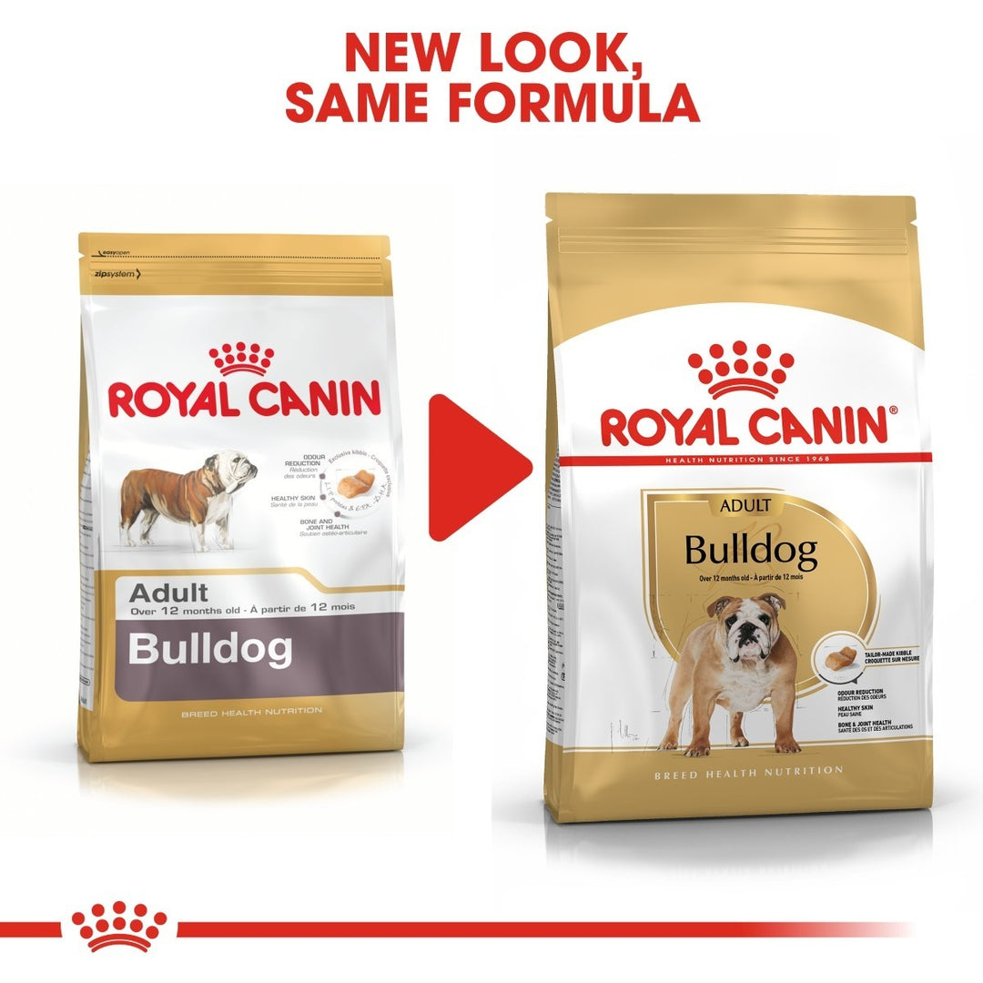 Two packages of Royal Canin Bulldog dog food with a red arrow and text indicating 'New Look, Same Formula'.