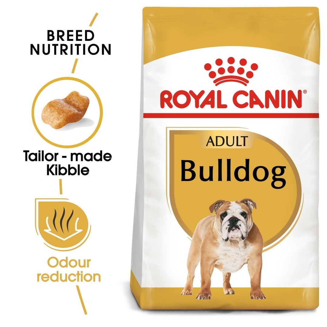 Royal Canin Bulldog dog food package with features highlighted