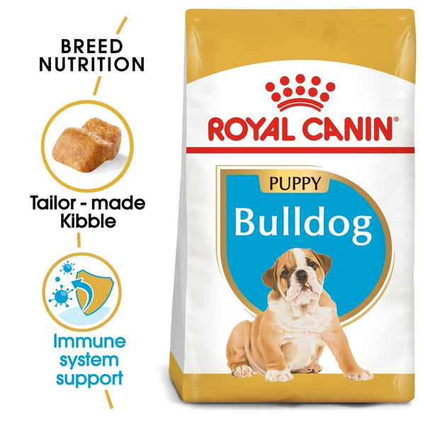 Royal Canin Bulldog Puppy dog food packaging with key features highlighted.