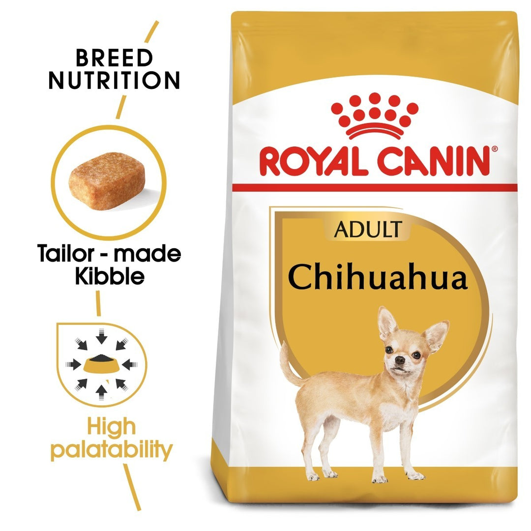 Royal Canin Chihuahua dog food package with text highlighting features