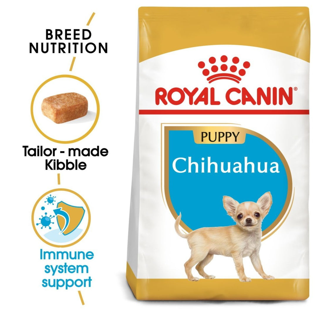 Royal Canin Chihuahua puppy food bag with key features highlighted