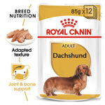 Load image into Gallery viewer, Royal Canin Dachshund wet dog food packaging with text highlighting features.
