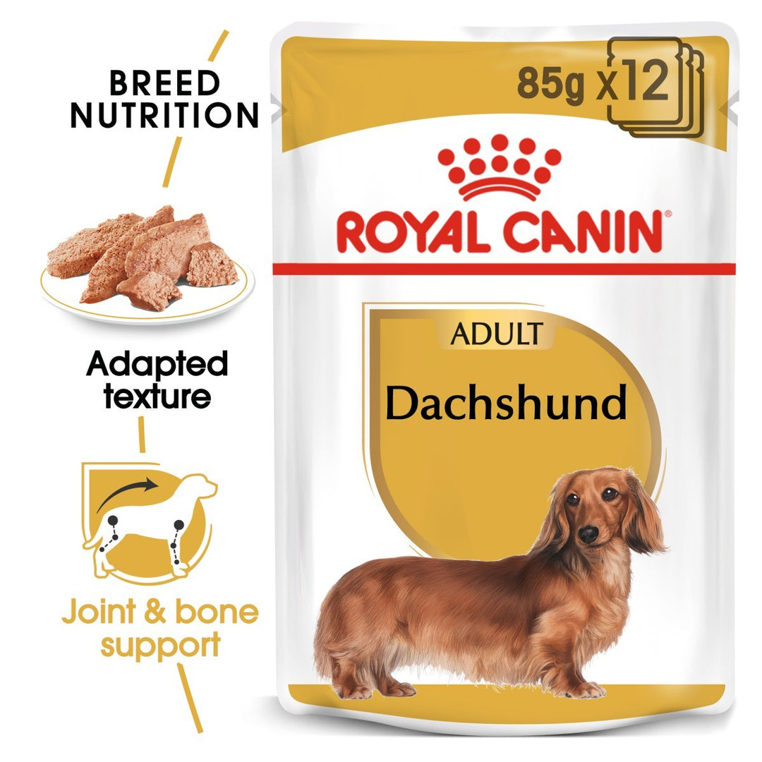 Royal Canin Dachshund wet dog food packaging with text highlighting features.