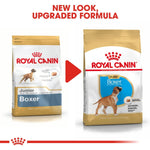 Load image into Gallery viewer, Comparison of Royal Canin Junior Boxer and Puppy Boxer dog food packages with text &#39;New Look, Upgraded Formula&#39;.
