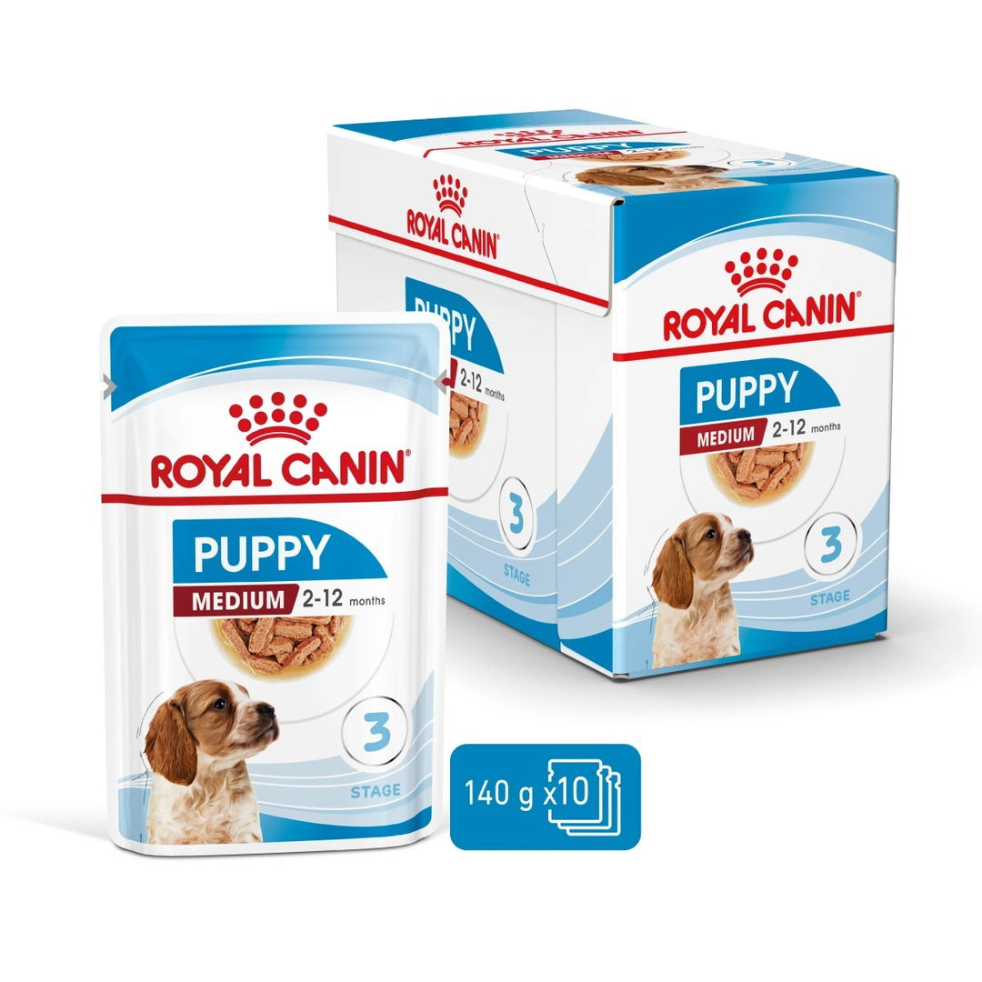 Royal Canin Puppy Medium dog food packaging on a white background