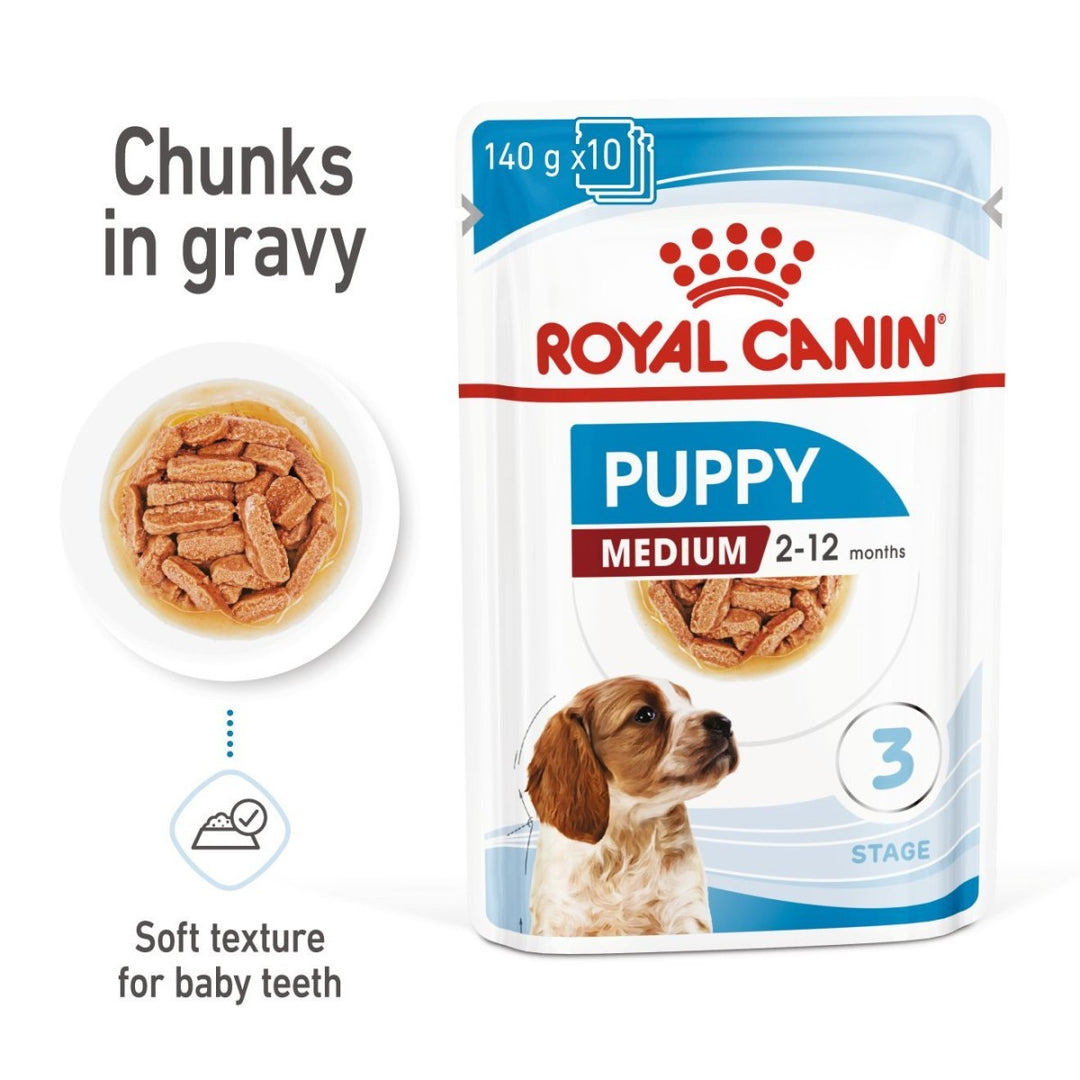 Royal Canin Puppy Medium dog food package with text and images of dog food and a puppy.