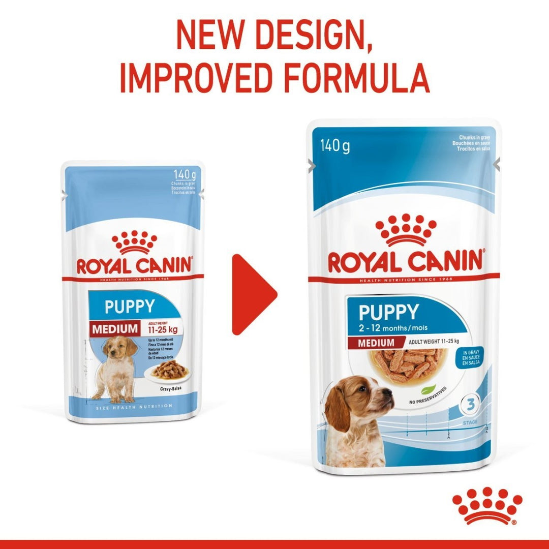 Two packages of Royal Canin Puppy Medium dog food with text about new design and improved formula.