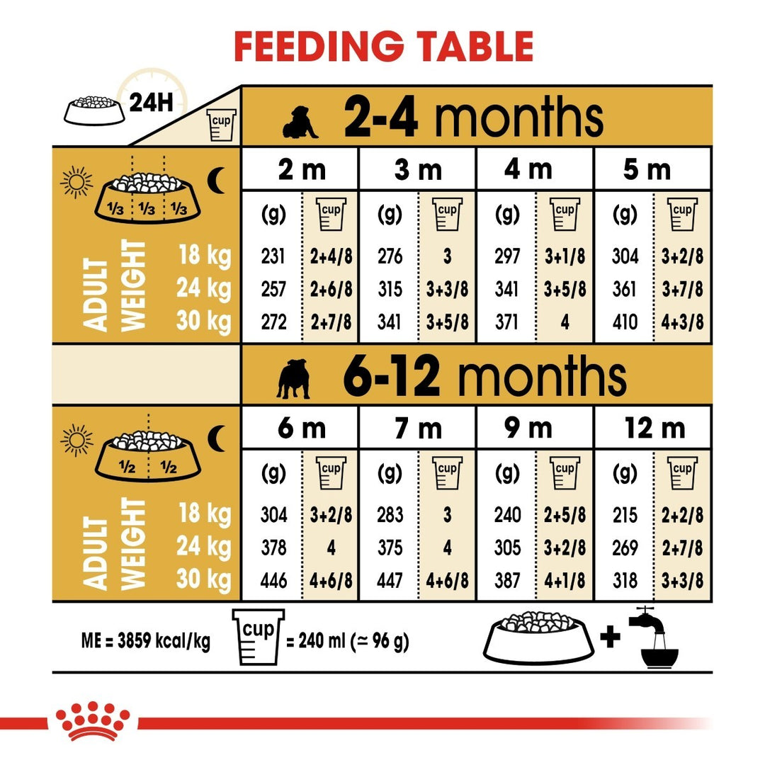 Feeding table chart for puppies with weight and feeding conversions.
