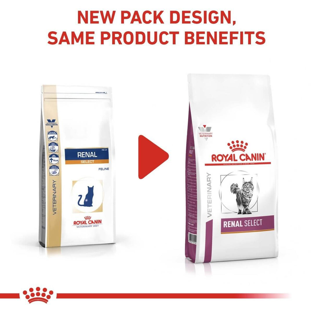Two packages of Royal Canin Renal Select cat food with a red play button graphic.