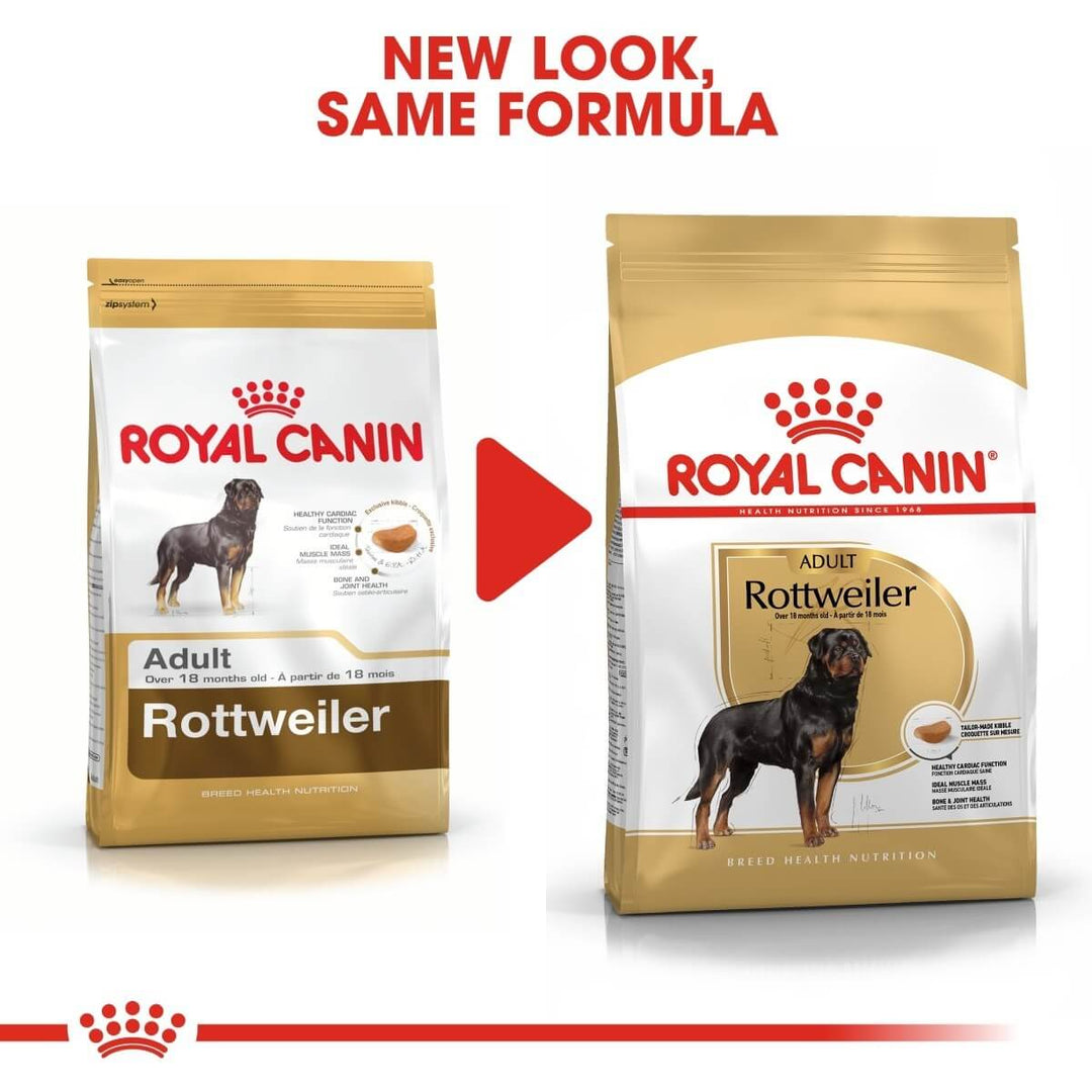 Two packages of Royal Canin Rottweiler dog food with a red arrow between them indicating 'New Look, Same Formula'.