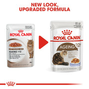 Two packages of Royal Canin Ageing +12 cat food with a red arrow between them indicating a new look and upgraded formula.