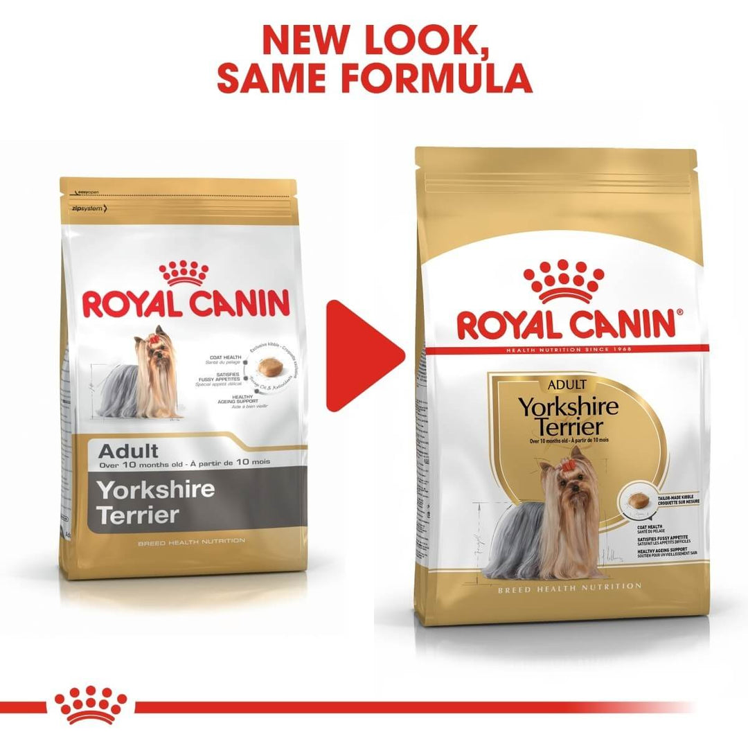 Two packages of Royal Canin Yorkshire Terrier dog food with a red arrow and text indicating 'New Look, Same Formula'.