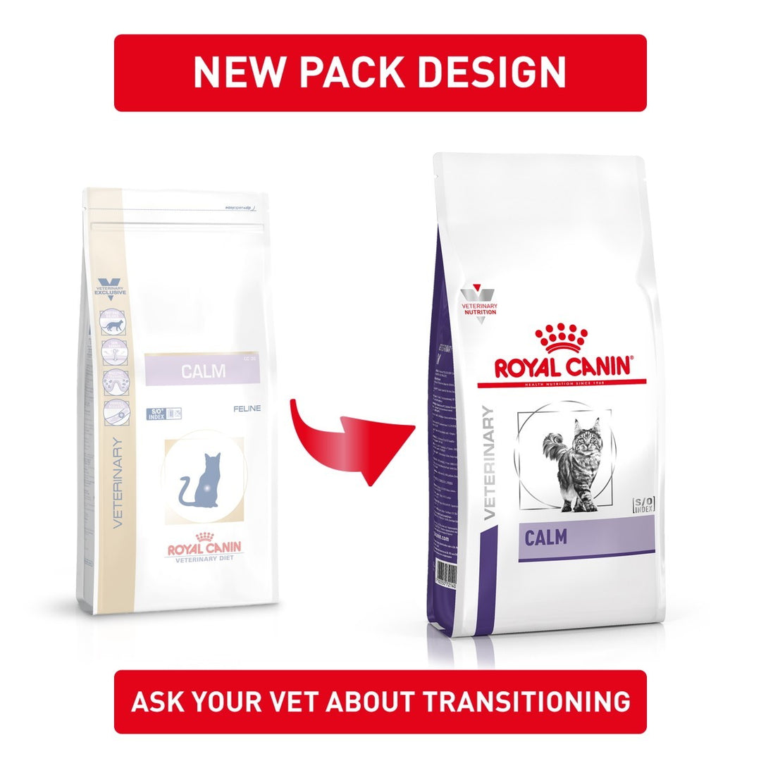 Two packages of Royal Canin Veterinary Diet Calm cat food with a red arrow and text about transitioning.