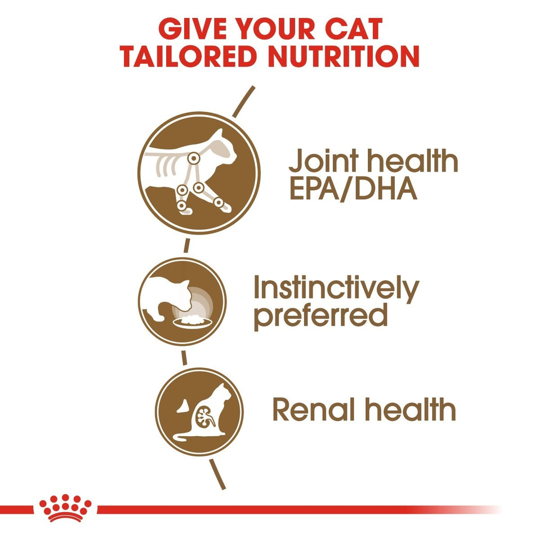 Cat food label emphasizing tailored nutrition for joint, instinctive preference, and renal health with EPA/DHA.
