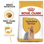 Royal Canin Yorkshire Terrier dog food package with text highlighting features.