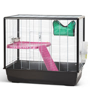 Pet cage with pink platform and green food container on a white background