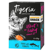 Tigeria smoothie snack packaging with a cat illustration and text on a black and blue background