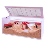 Load image into Gallery viewer, Pet enclosure with sand and red play structures on a white background
