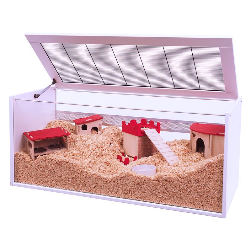 Pet enclosure with sand and red play structures on a white background