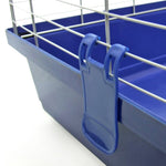 Load image into Gallery viewer, Blue plastic hook attached to a blue pet cage with white bars on a white background
