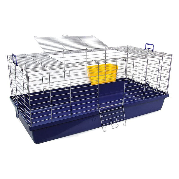 Pet cage with blue base and yellow litter box on a white background