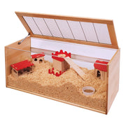 Wooden pet enclosure with transparent lid, red roofed structures, and a small bowl on a white background.