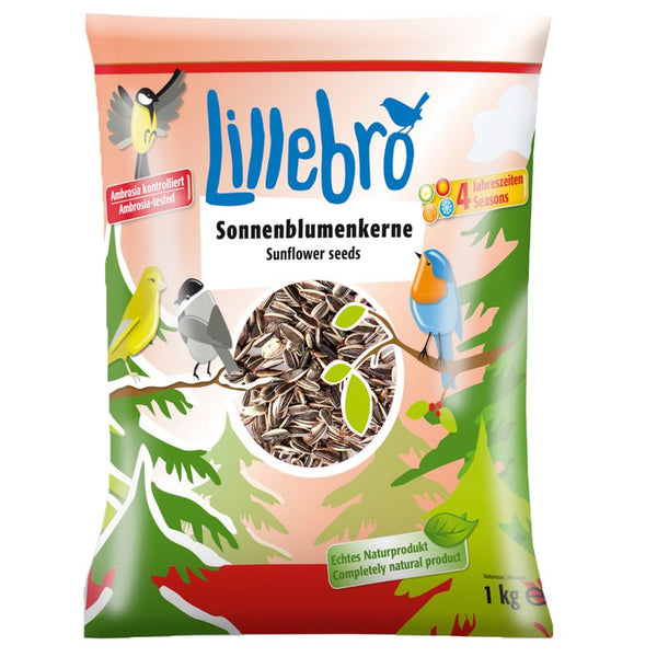 Lillebro sunflower seeds packaging with birds and nature-themed design