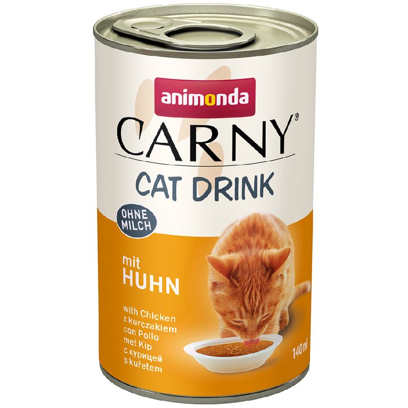 Can of Animonda Carny Cat Drink with a cat drinking from a bowl on a white background