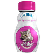 Whiskas Catmilk bottle with a pink cap and label featuring a cat.