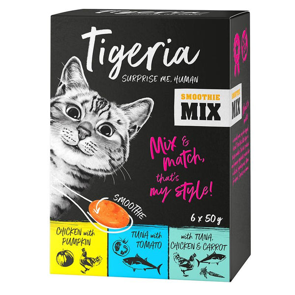 Tigeria Smoothie Mix cat food packaging with a black background and colorful text.
