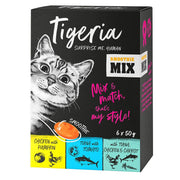 Tigeria Smoothie Mix cat food packaging with a black background and colorful text.