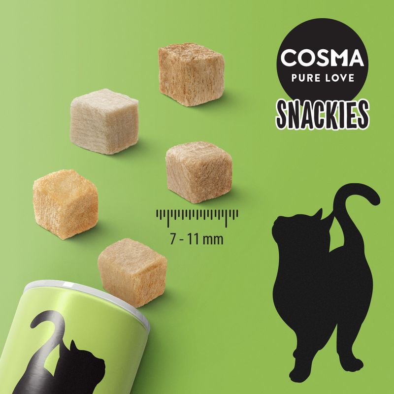 Cat treats with a canister and black cat silhouette on a green background, featuring the brand 'Cosma Pure Love'.