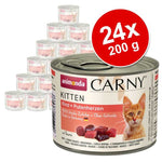 Load image into Gallery viewer, Carny Kitten cat food cans with a stack of smaller cans and a red circle indicating &#39;24 x 200g&#39;.
