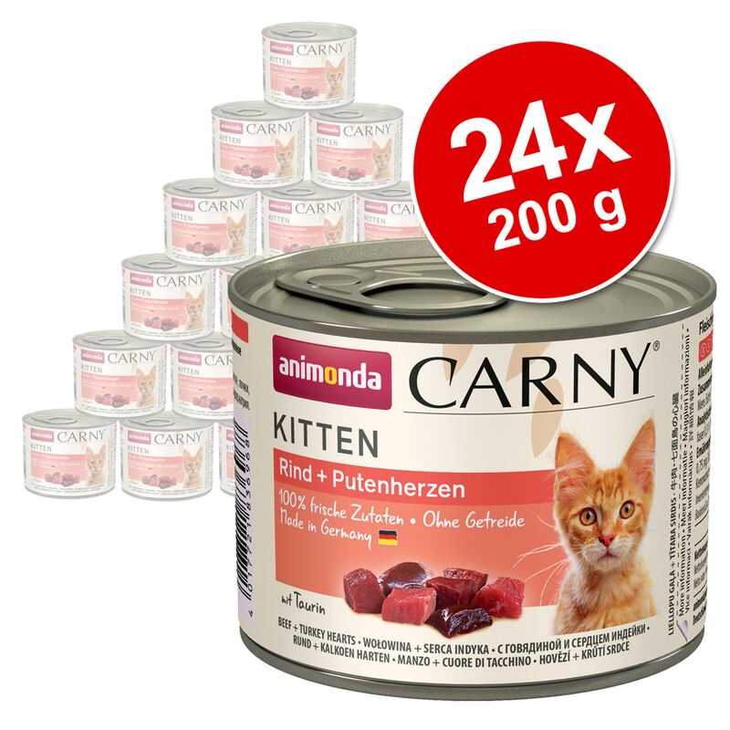 Carny Kitten cat food cans with a stack of smaller cans and a red circle indicating '24 x 200g'.