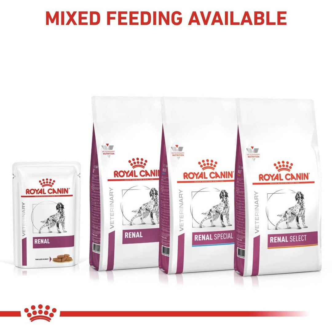 Royal Canin Renal Special pet food bags on a white background with 'Mixed Feeding Available' text.