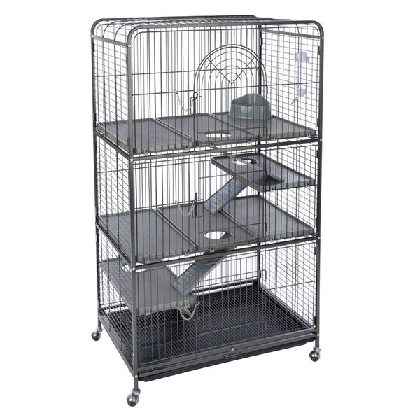 Pet cage with multiple levels and wheels on a white background
