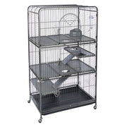 Pet cage with multiple levels and wheels on a white background