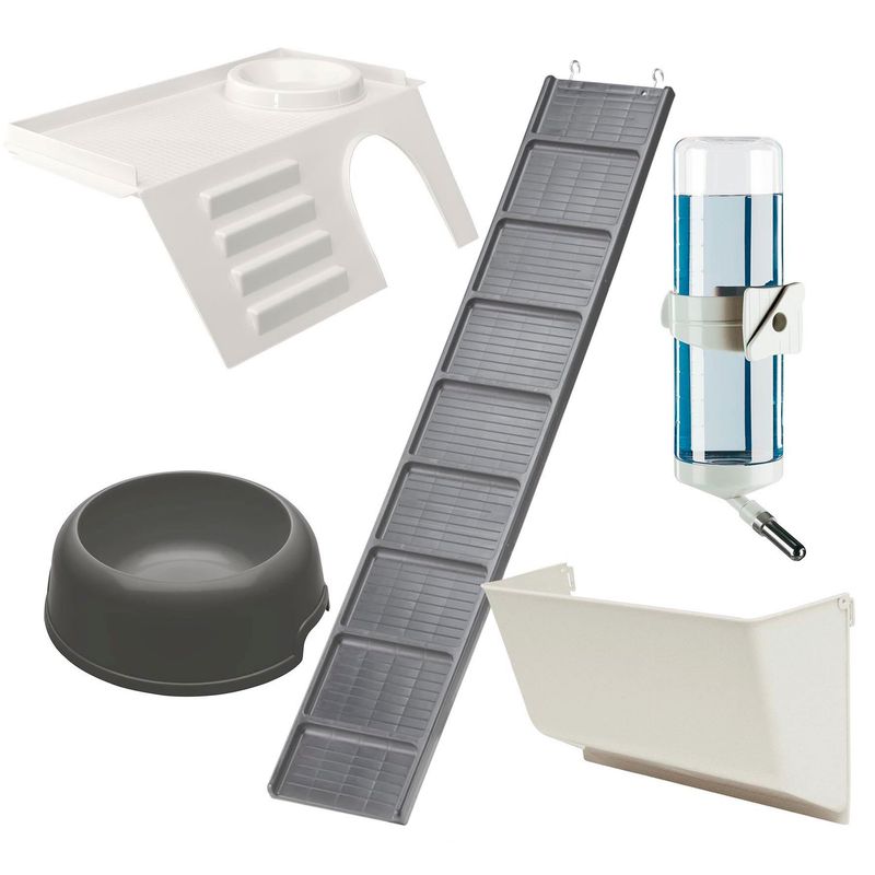 Collection of pet accessories including a water bottle, bowl, and ramps on a white background