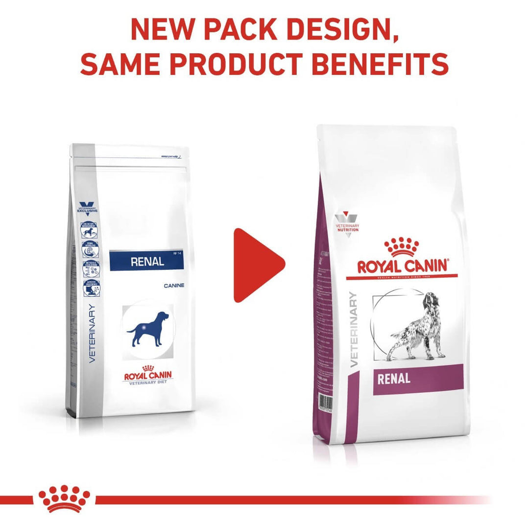 Two packages of Royal Canin Renal dog food with a red play button graphic and text about new packaging design.
