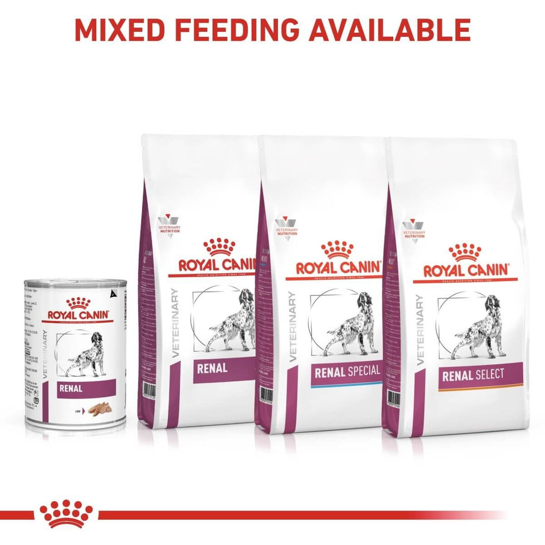 Royal Canin veterinary diets for dogs with a can and three bags on a white background.