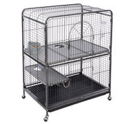 Pet cage with multiple levels and wheels on a white background