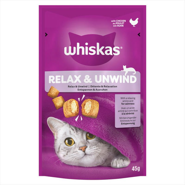 Whiskas cat food package with a purple background and a cat on it.