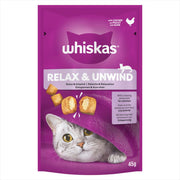 Whiskas cat food package with a purple background and a cat on it.
