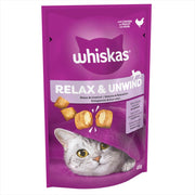 Purple Whiskas cat food package with a cat illustration on a white background
