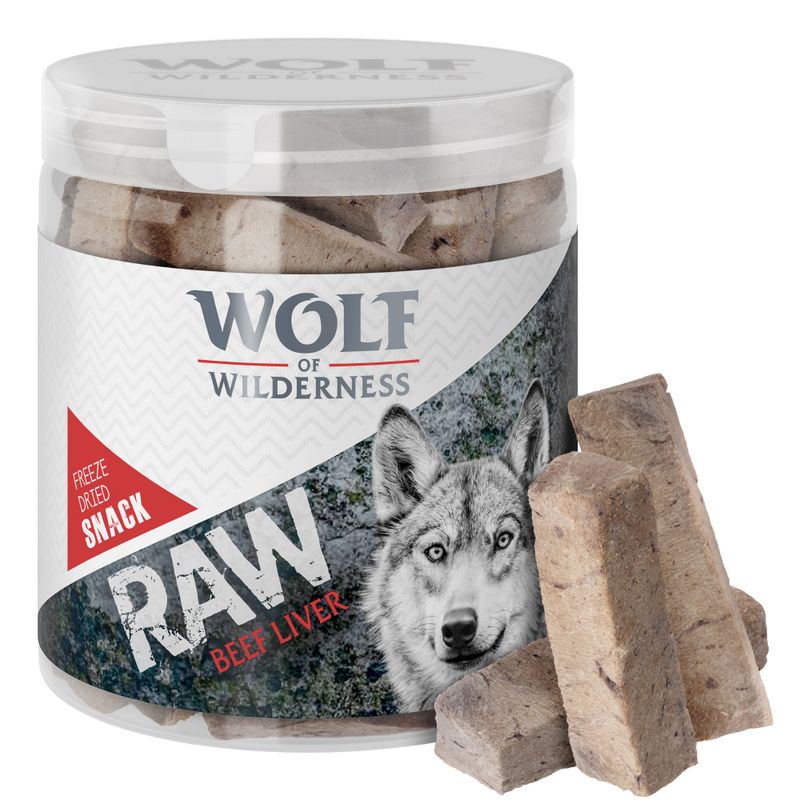 Wolf of Wilderness raw beef liver snack packaging with two snacks on a white background